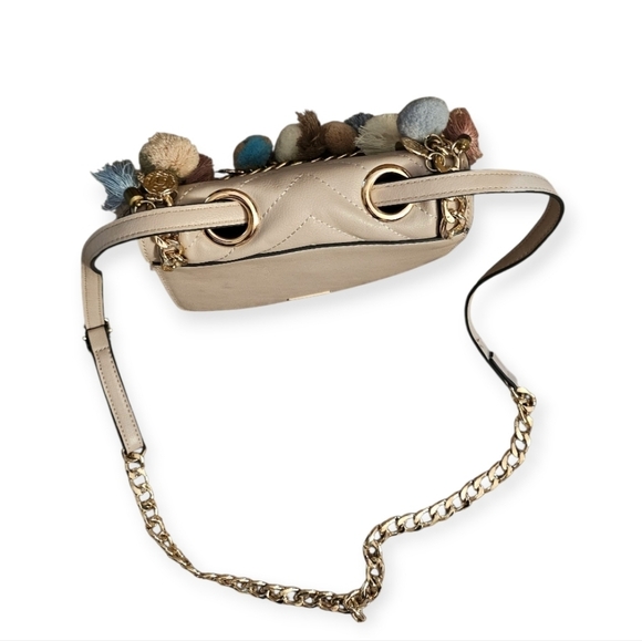 Aldo Cream Chevron Crossbody Bag with Multicolor Pom Poms - Picture 4 of 11